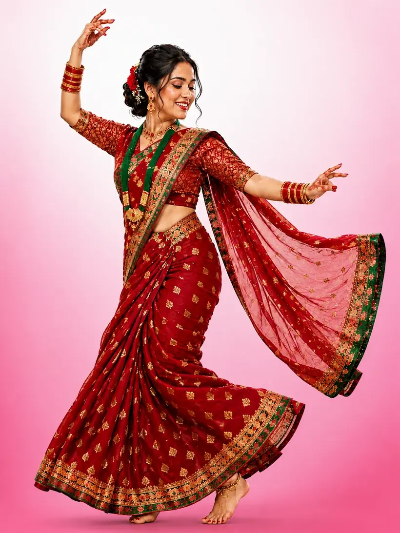 A woman mid-turn in a red Teej sari, gold chura on both wrists